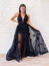 A Line Black V Neck Tulle Appliques Prom Dress LBQ4287